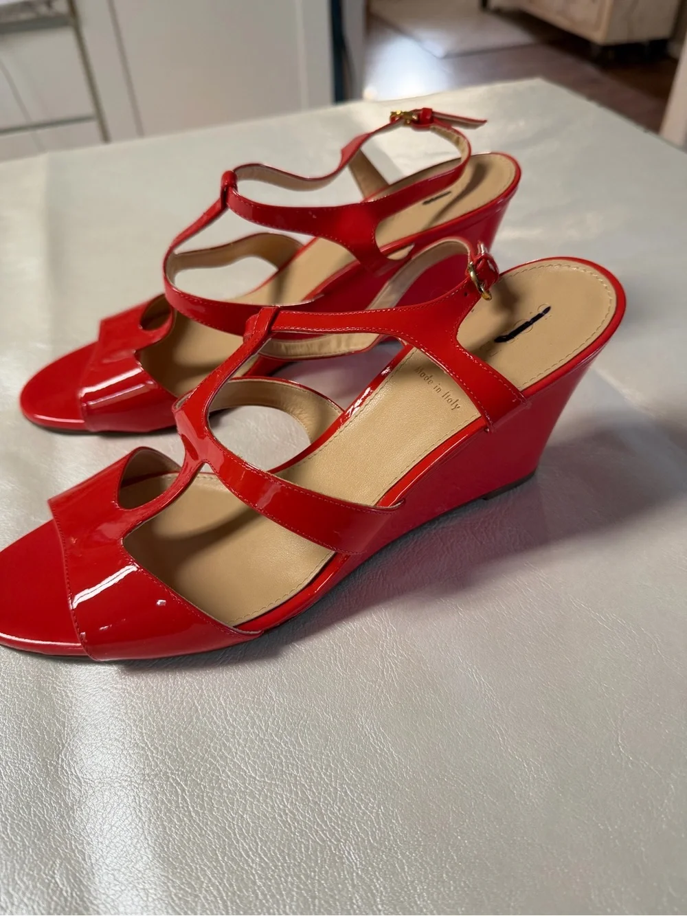 J. Crew Orange Papyra Patent Leather Strappy Wedge Sandals